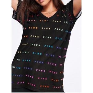 PINK Victoria's Secret Black Tee with Multicolor Rainbow Logo 🌈